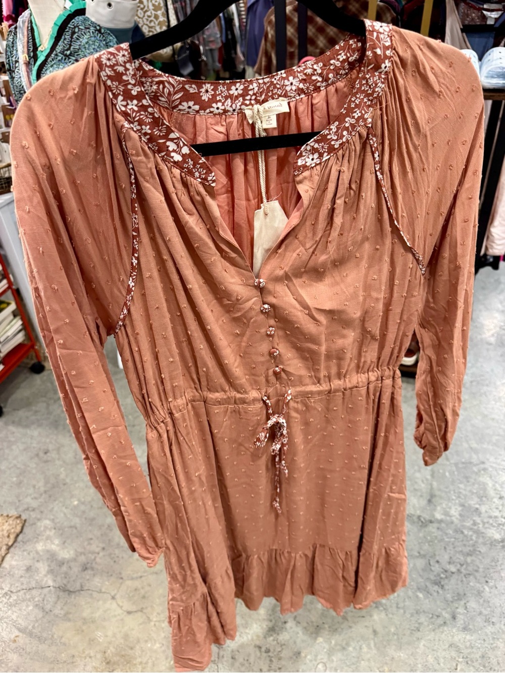 Hem & Thread Long-Sleeve Boho Dress in Dusty Rose with Floral Trim